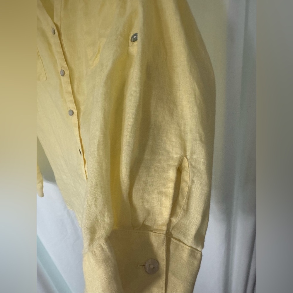 Chico's Tunic Top Yellow Linen Button Up Roll Tab Sleeve Size 2 (L, 12) - Picture 7 of 7